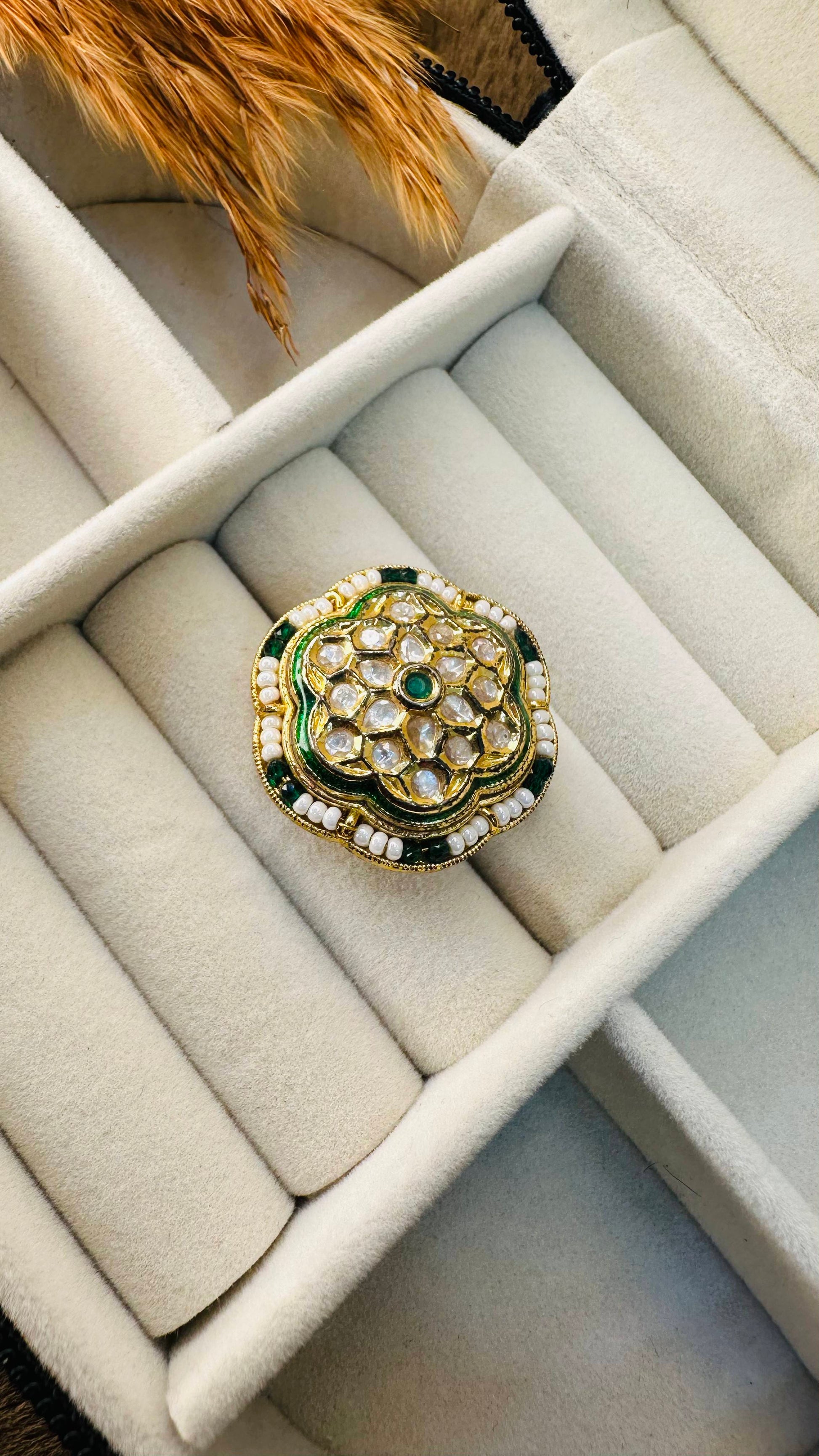 Scalloped layered kundan floral cocktail ring
