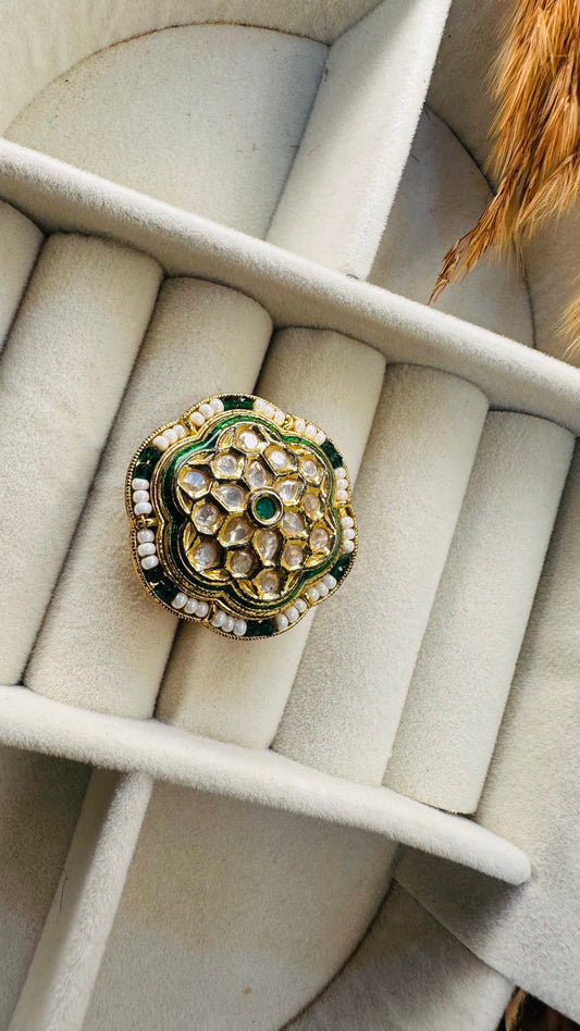 Green meenakari border pearl kundan cocktail ring