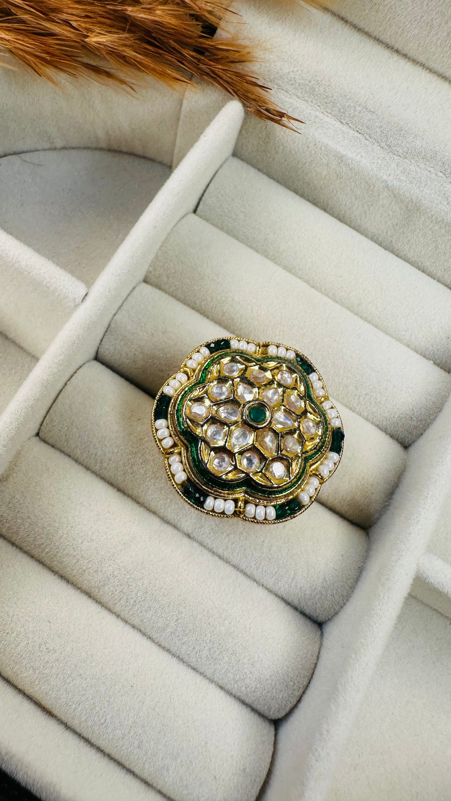 Top angle scalloped kundan pearl statement ring