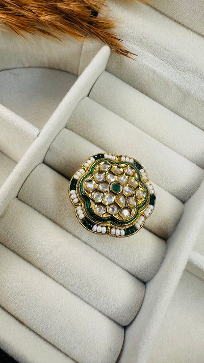 Top angle scalloped kundan pearl statement ring