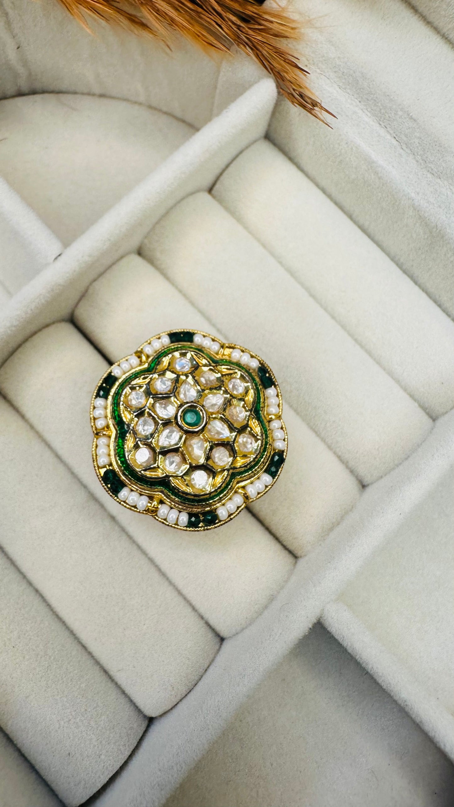 Oversized green kundan ethnic statement ring