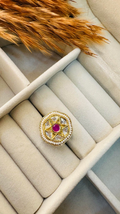Geometric star ruby kundan cocktail ring