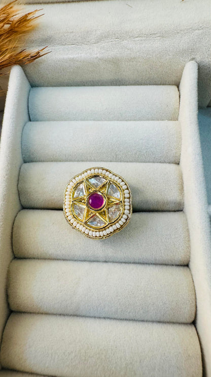 Top angle geometric kundan pearl ring