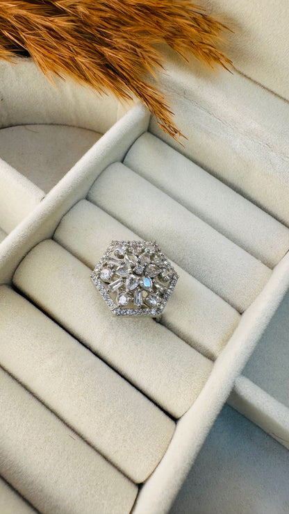 Hexagon American diamond cluster cocktail ring