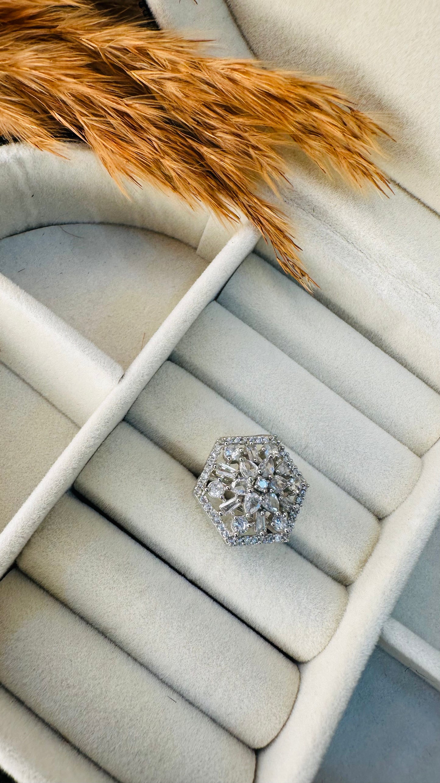 Top floral cluster CZ ring, geometric design