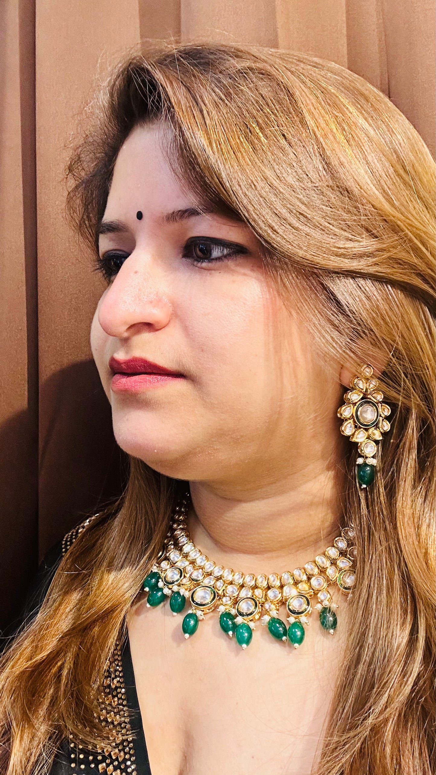 Bridal necklace set with green drops, tikka earrings