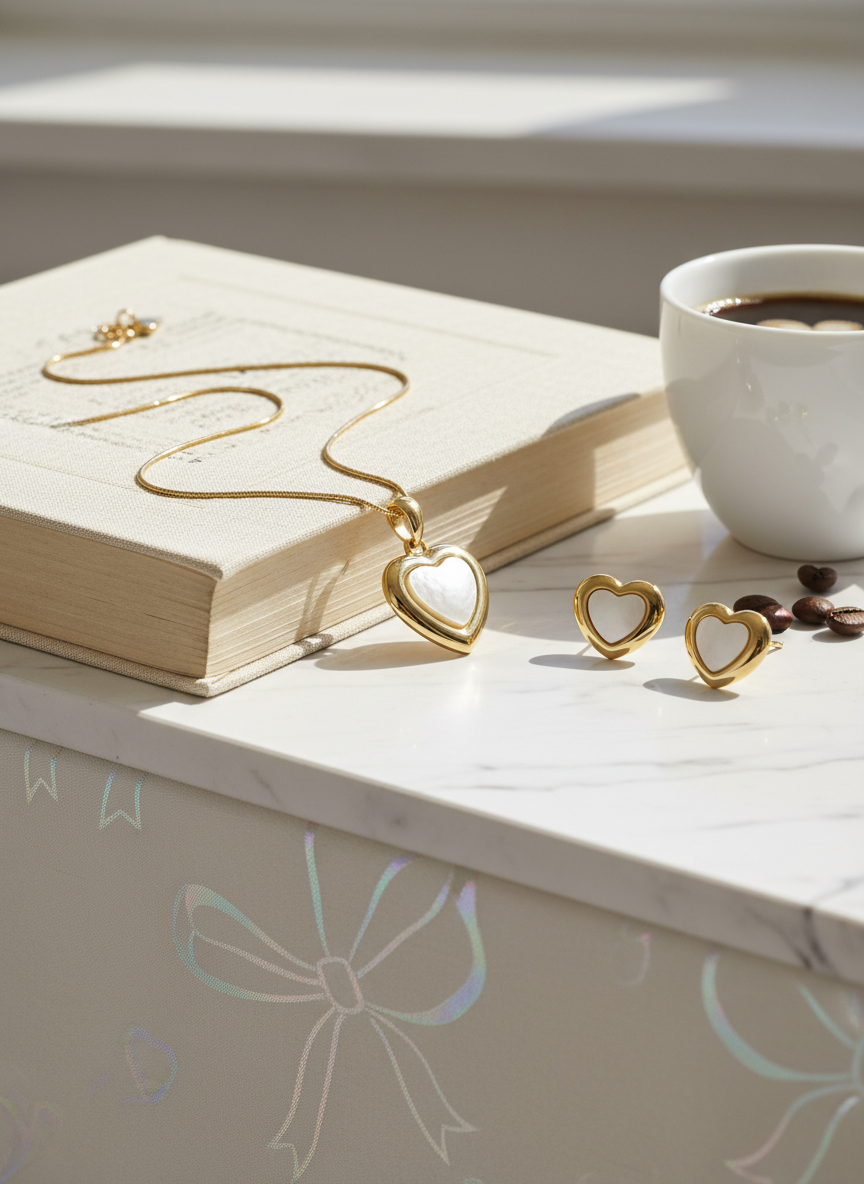 Gold heart-shaped necklace and earrings on an open book with a cup of coffee.