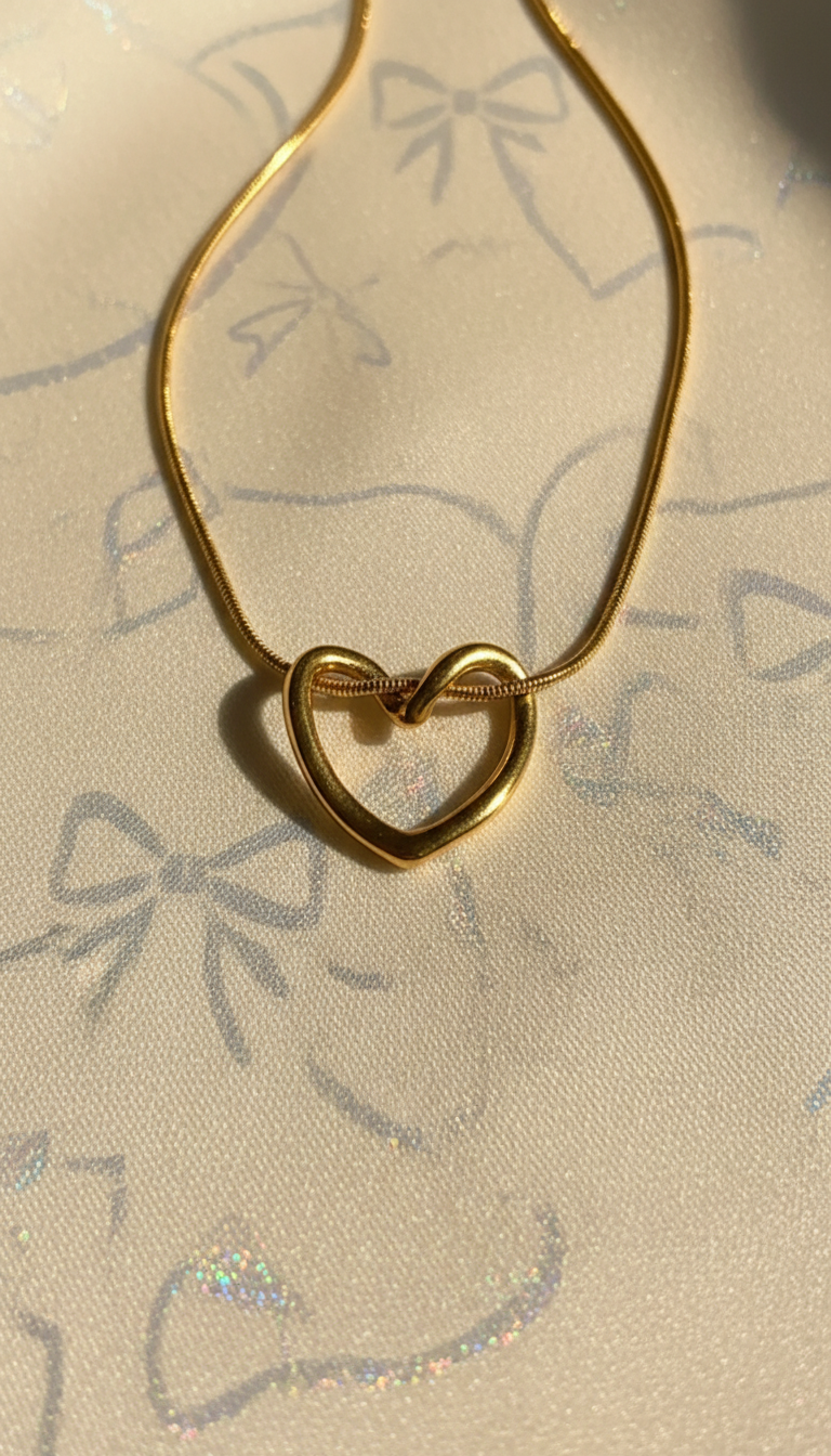 Gold heart-shaped pendant on a beige fabric background with bow patterns