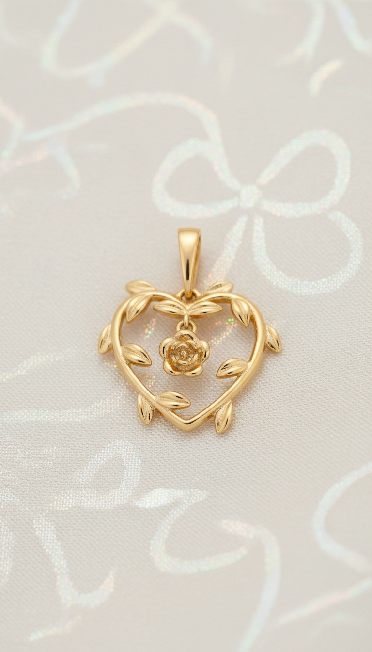 Gold heart-shaped pendant with a rose design on a light background