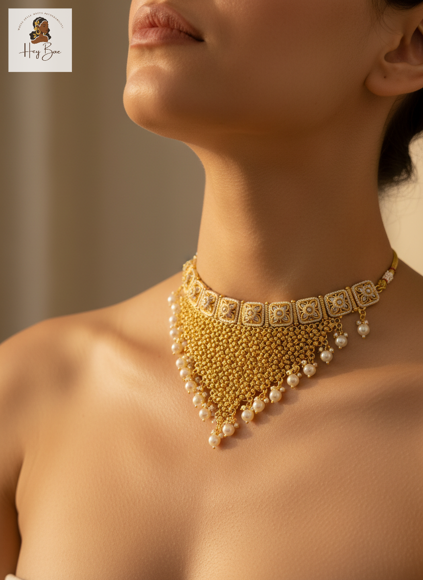Gold necklace with pearls worn by a model against a neutral background