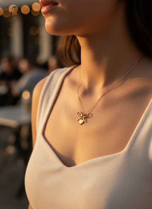Close-up of a person wearing a gold necklace with a bow pendant in an outdoor setting.