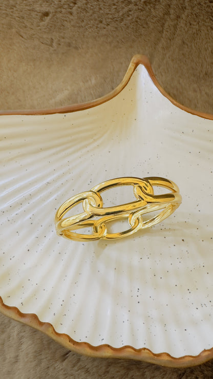 Gold plated chain bracelet on a seashell with a textured background