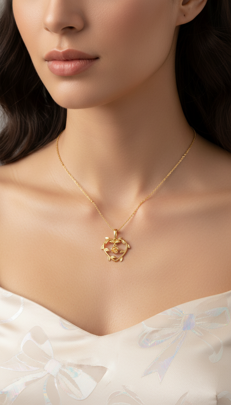 Gold necklace with a heart-shaped pendant worn by a model