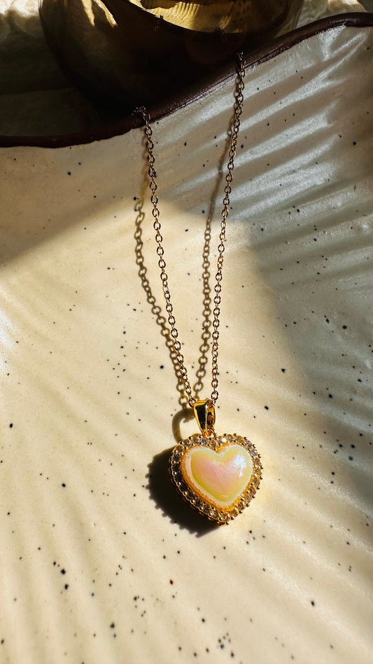 Heart-shaped pendant necklace on a textured surface