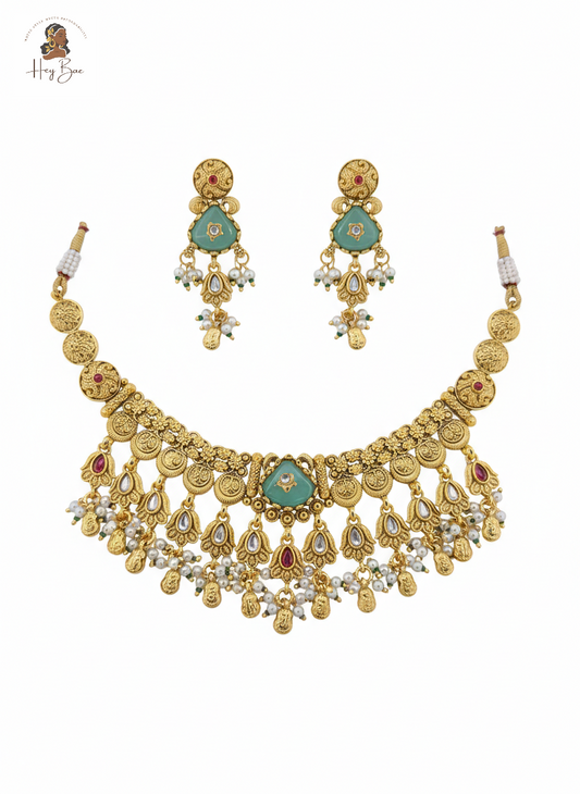  Hey Bae antique gold necklace set with mint green stones with turquoise stones on a white background