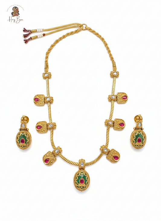  Hey Bae royal antique gold necklace set with ruby and green stones accents on a white background