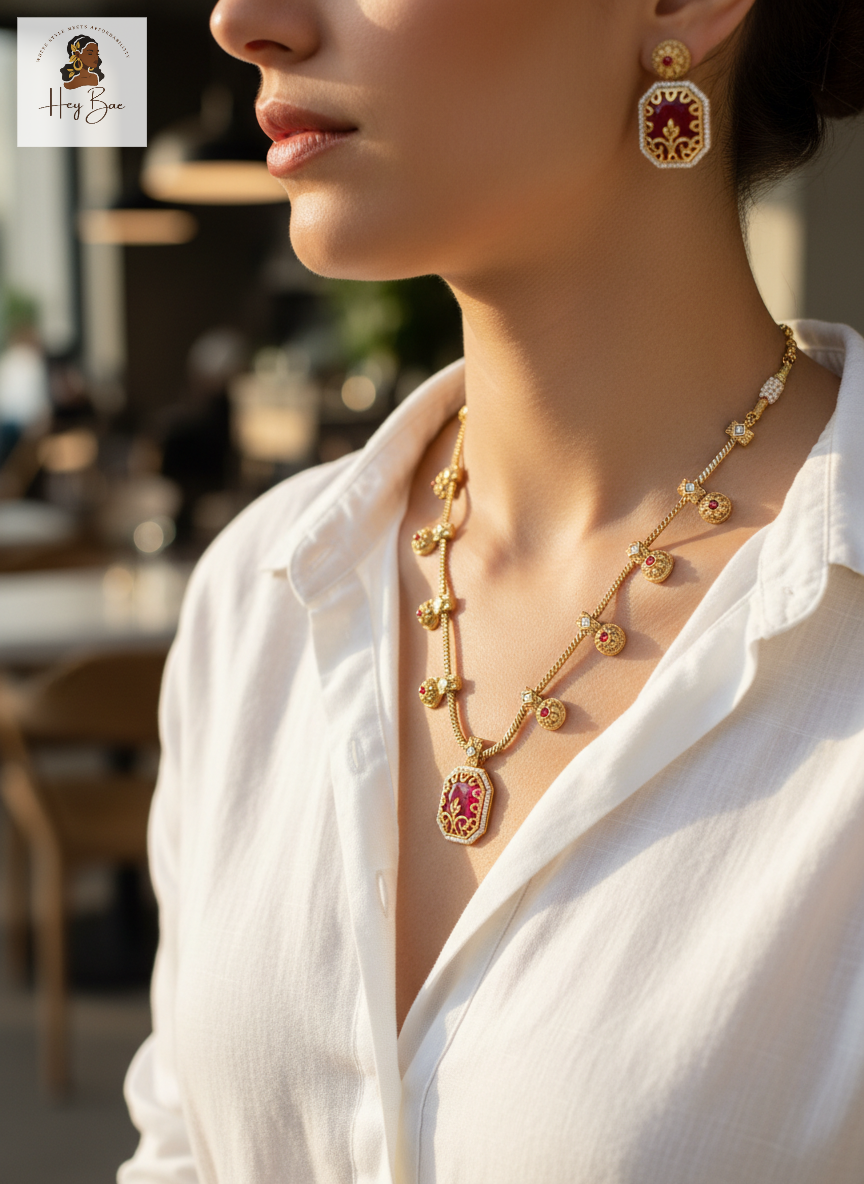 Close-up of a person wearing Hey Bae ruby red and gold geometric necklace set in an outdoor setting.