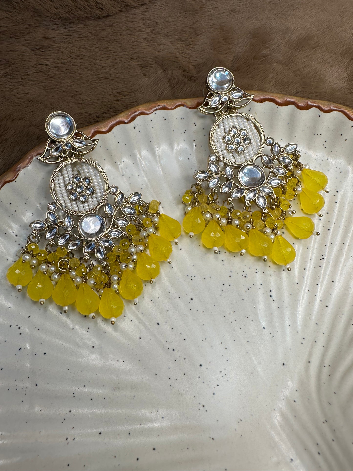 HeyBae Ethnic Earrings with Pearl, Yellow Beads & Kundan - Big Lightweight Earrings