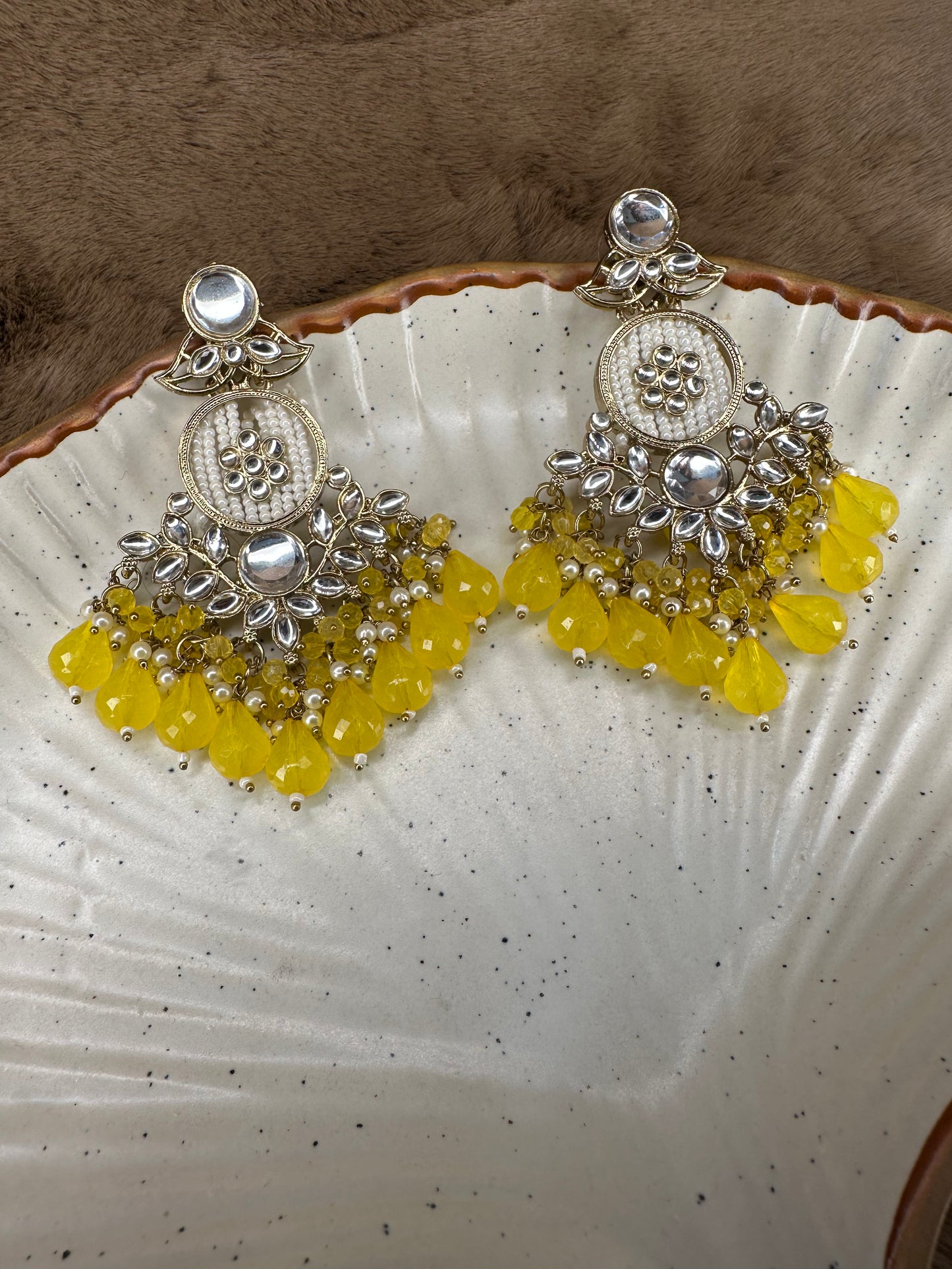 HeyBae Ethnic Earrings with Pearl, Yellow Beads & Kundan - Big Lightweight Earrings