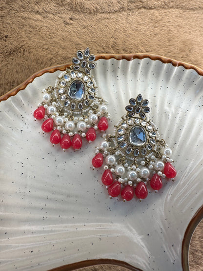 HeyBae Ethnic Earrings with Pearl, Magenta Beads & Kundan - Rose Gold Big Earrings