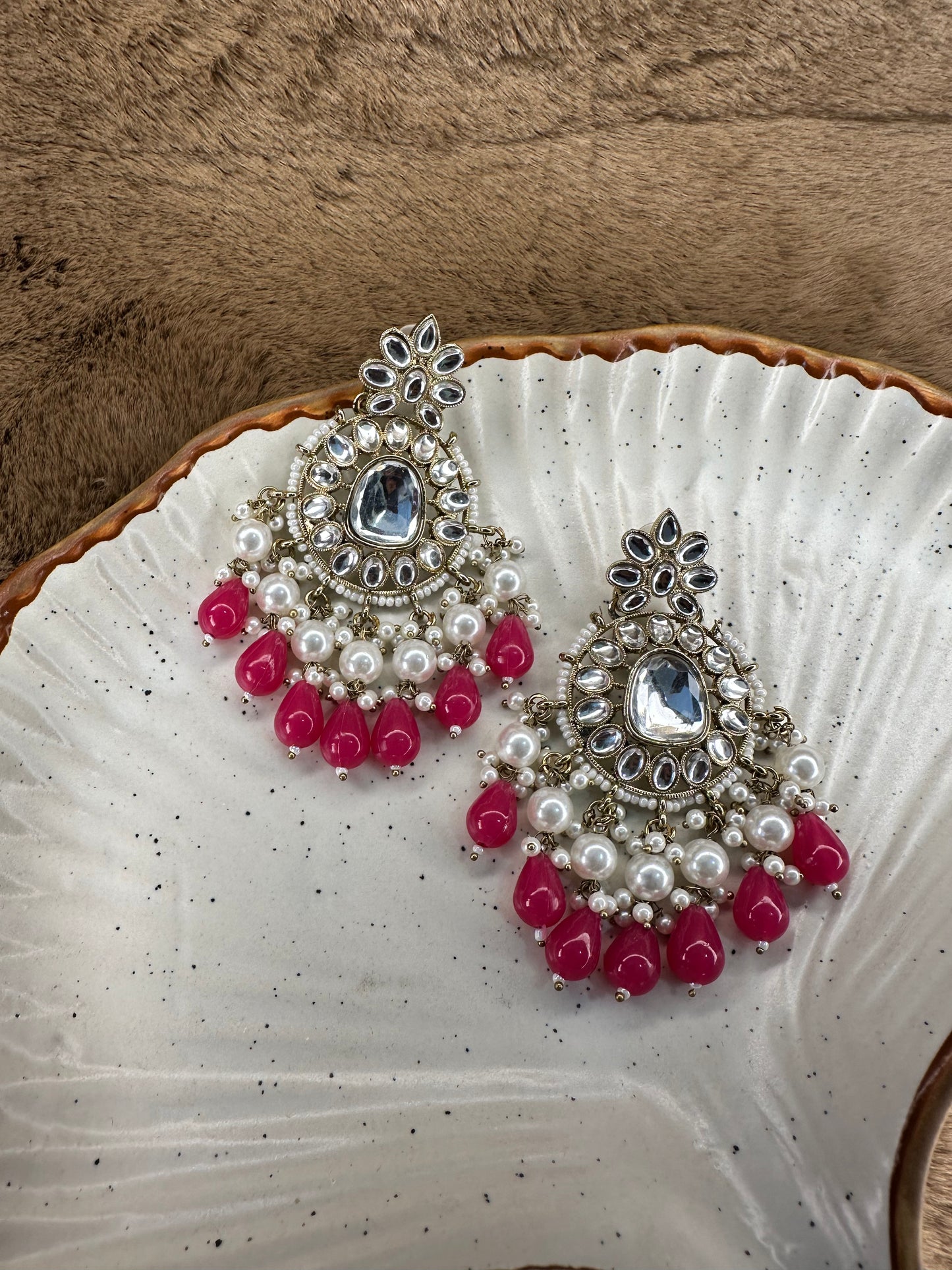 HeyBae Ethnic Earrings with Pearl, Magenta Beads & Kundan - Rose Gold Big Earrings