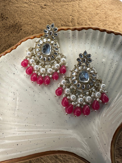 HeyBae Ethnic Earrings with Pearl, Magenta Beads & Kundan - Rose Gold Big Earrings