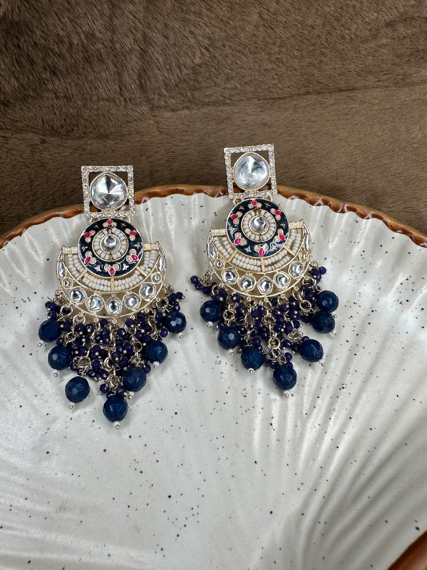 HeyBae Ethnic Earrings with Blue Beads, Pearl & Kundan - Big & Lightweight Earrings