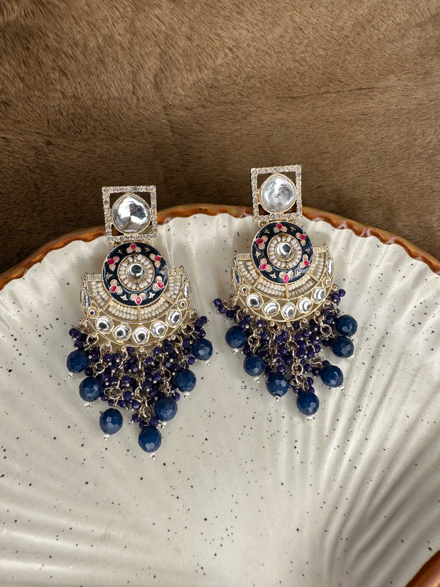 HeyBae Ethnic Earrings with Blue Beads, Pearl & Kundan - Big & Lightweight Earrings