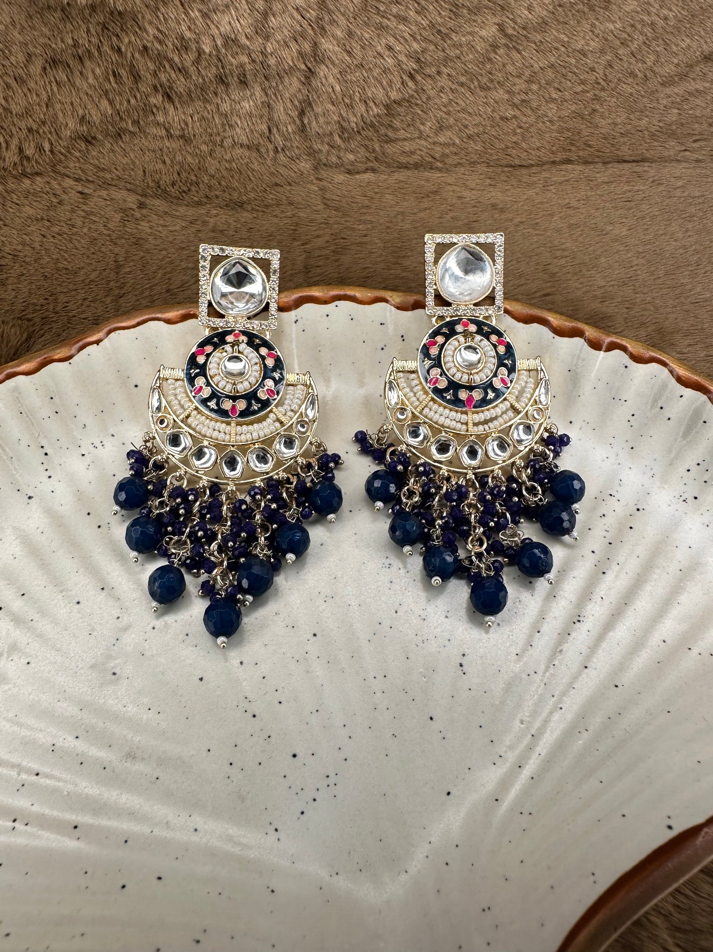 HeyBae Ethnic Earrings with Blue Beads, Pearl & Kundan - Big & Lightweight Earrings