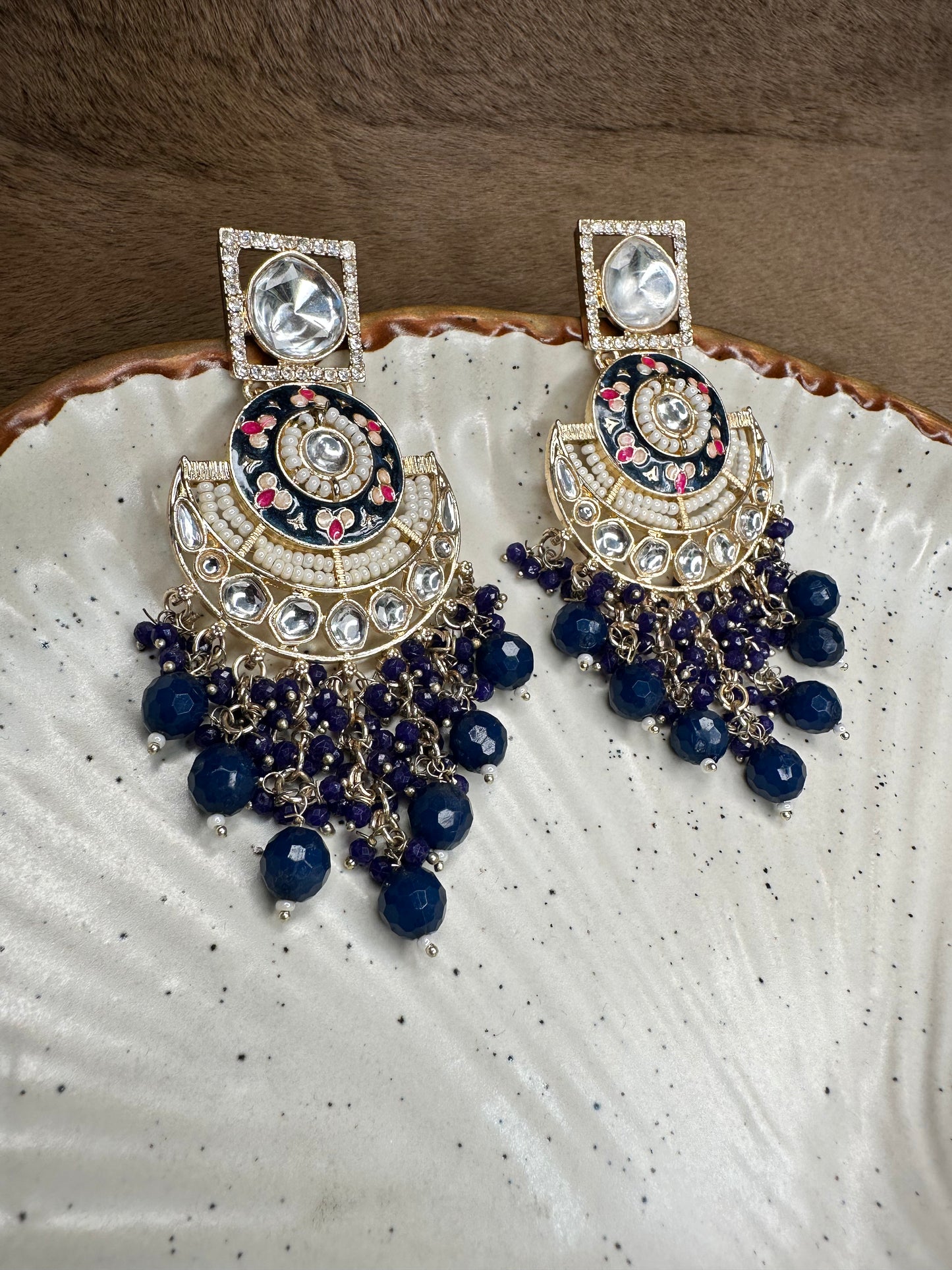 HeyBae Ethnic Earrings with Blue Beads, Pearl & Kundan - Big & Lightweight Earrings