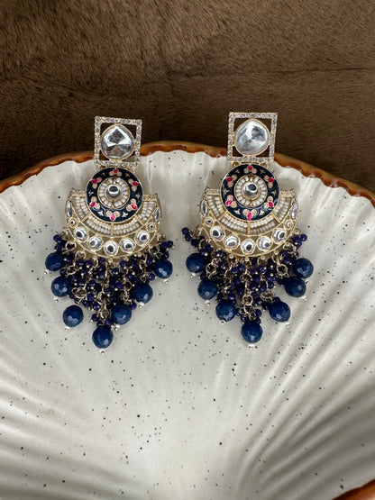 HeyBae Ethnic Earrings with Blue Beads, Pearl & Kundan - Big & Lightweight Earrings