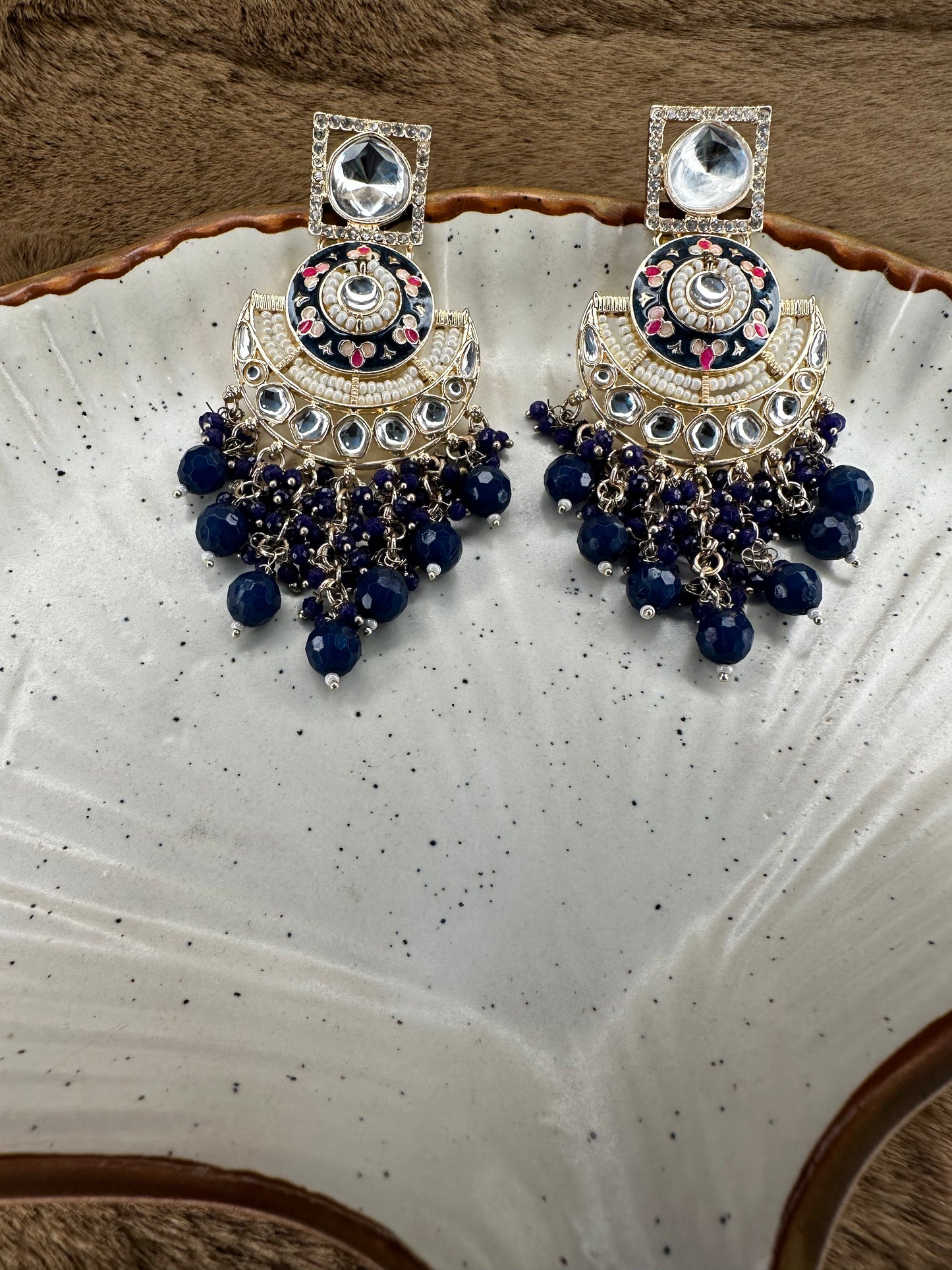 HeyBae Ethnic Earrings with Blue Beads, Pearl & Kundan - Big & Lightweight Earrings