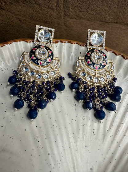 HeyBae Ethnic Earrings with Blue Beads, Pearl & Kundan - Big & Lightweight Earrings