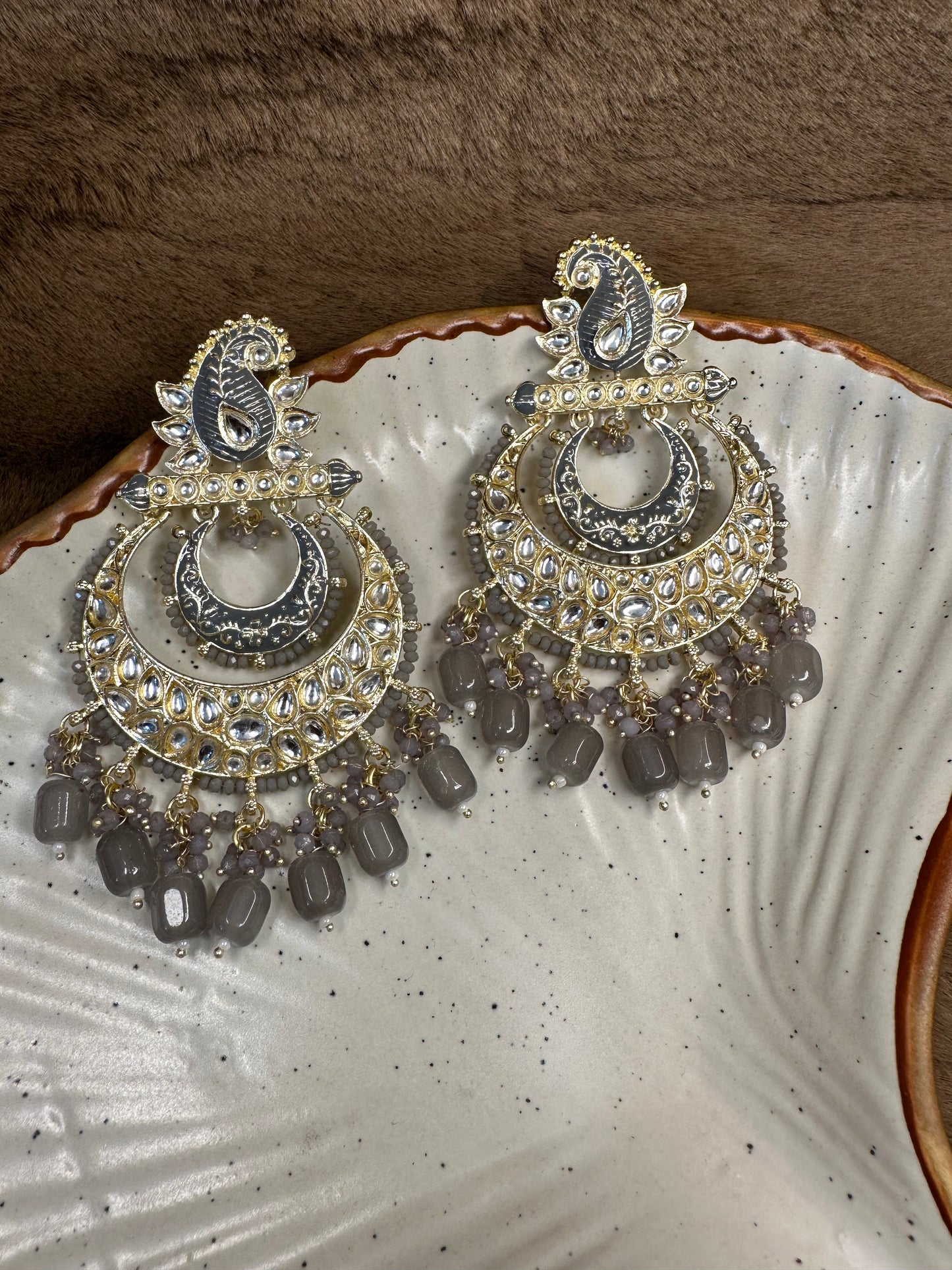 HeyBae Ethnic Chandelier Earrings with Gray Pearl Kundan - Big Earrings