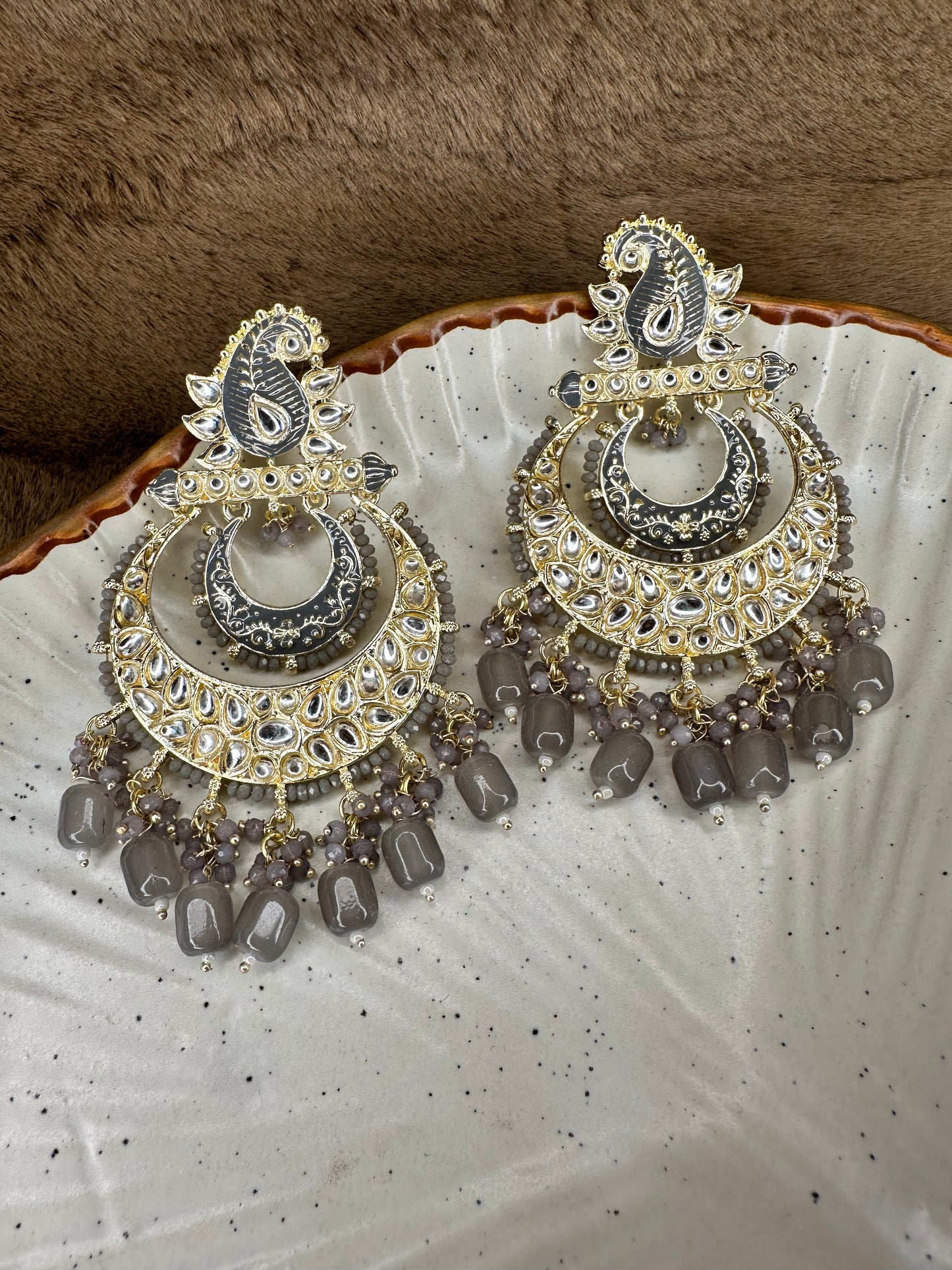 HeyBae Ethnic Chandelier Earrings with Gray Pearl Kundan - Big Earrings