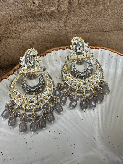 HeyBae Ethnic Chandelier Earrings with Gray Pearl Kundan - Big Earrings