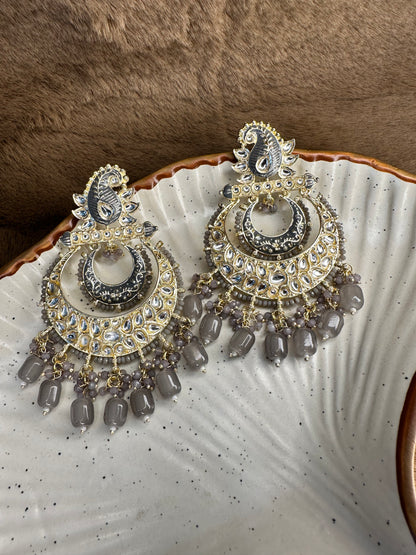 HeyBae Ethnic Chandelier Earrings with Gray Pearl Kundan - Big Earrings