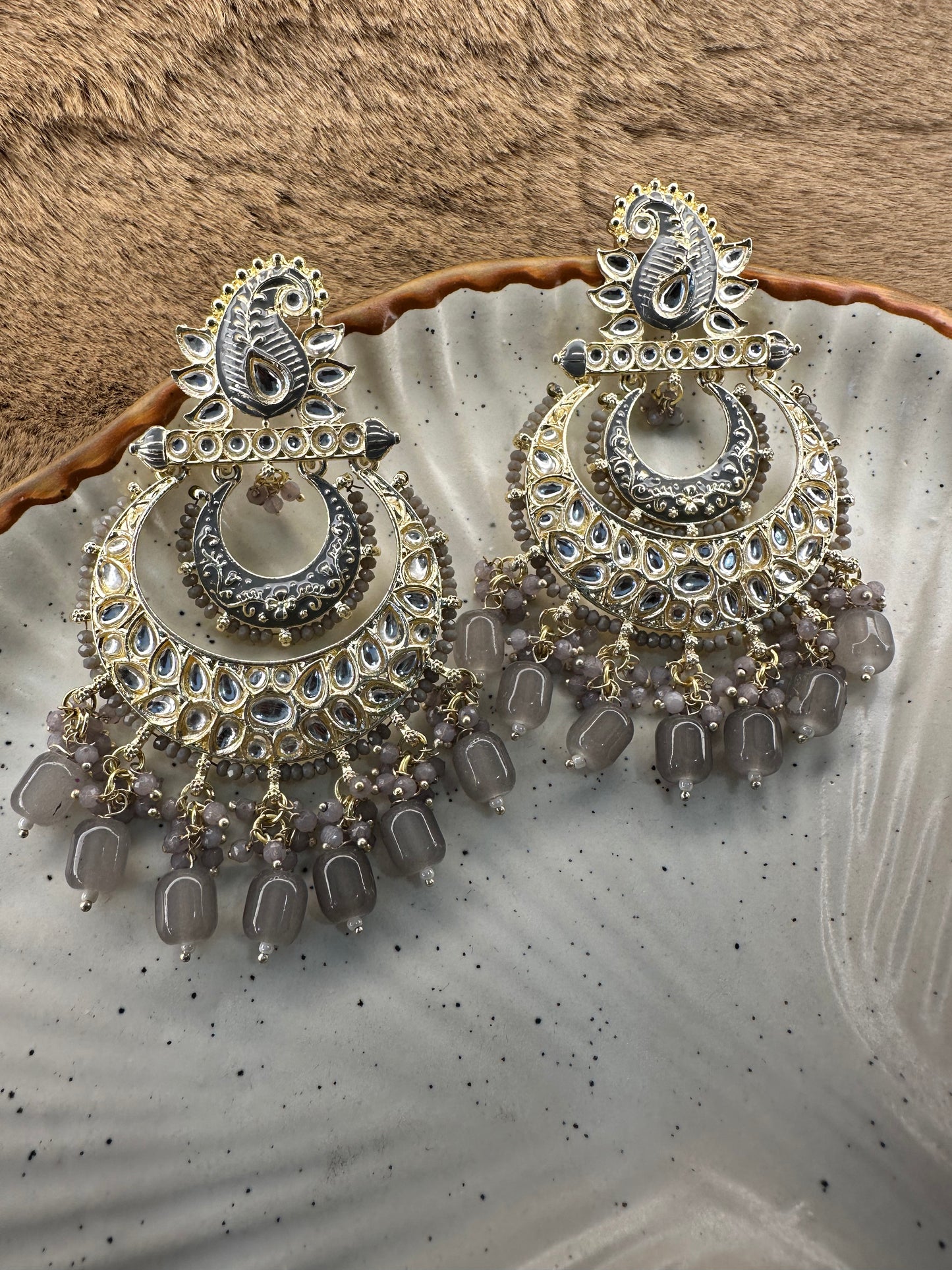 HeyBae Ethnic Chandelier Earrings with Gray Pearl Kundan - Big Earrings