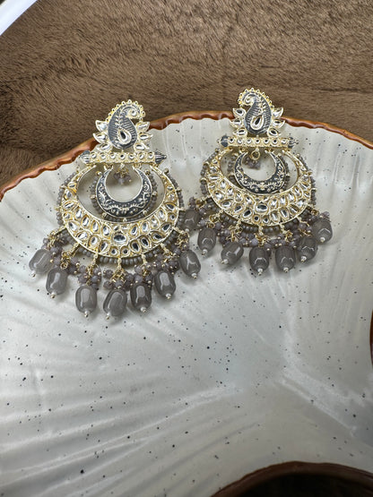 HeyBae Ethnic Chandelier Earrings with Gray Pearl Kundan - Big Earrings