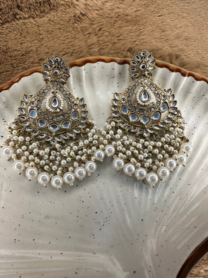 HeyBae Ethnic Chandelier Drop Earrings with Pearl Kundan - Big Lightweight Earrings