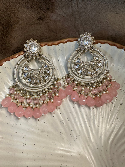 HeyBae Pearl Kundan Chandelier Pink Drop Earrings