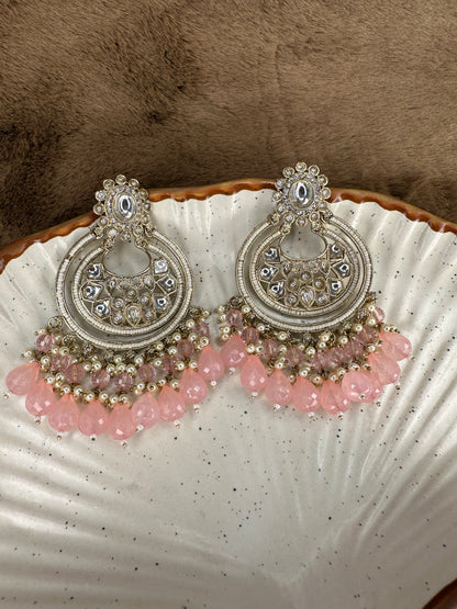 HeyBae Pearl Kundan Chandelier Pink Drop Earrings