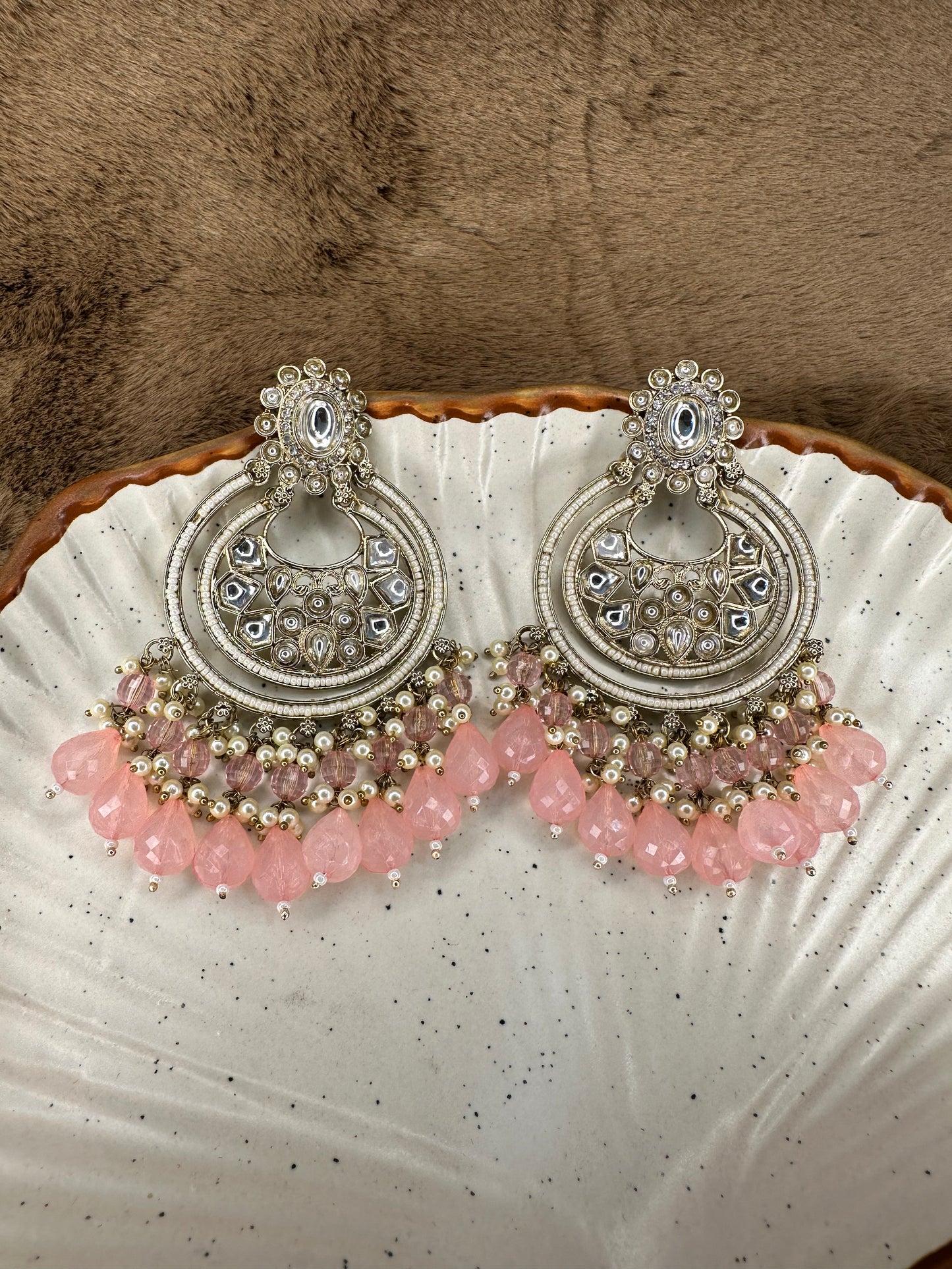 HeyBae Pearl Kundan Chandelier Pink Drop Earrings