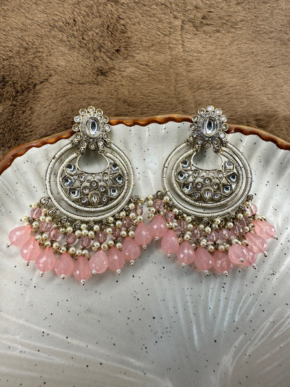 HeyBae Pearl Kundan Chandelier Pink Drop Earrings