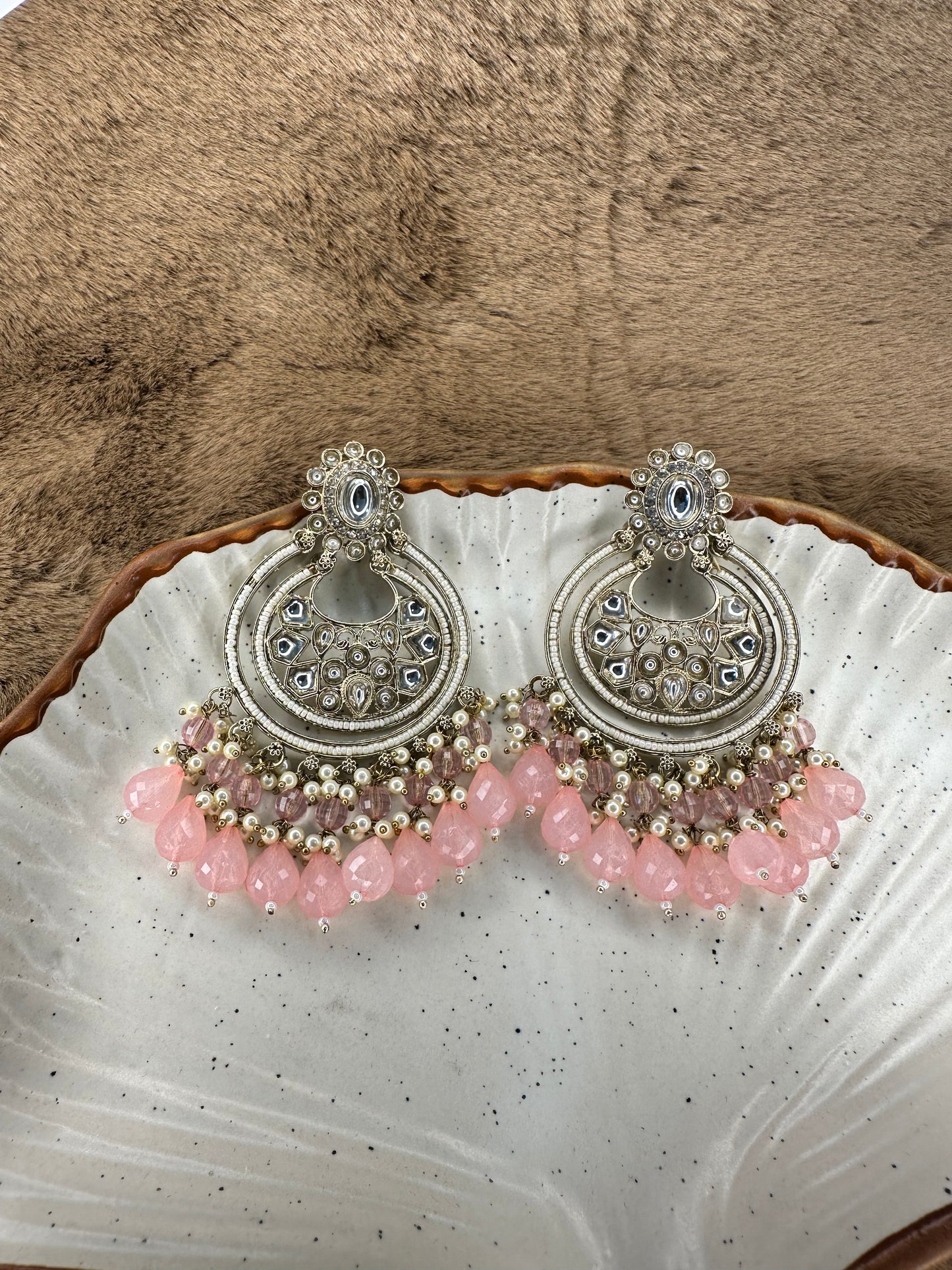 HeyBae Pearl Kundan Chandelier Pink Drop Earrings