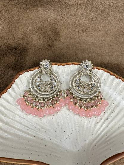 HeyBae Pearl Kundan Chandelier Pink Drop Earrings