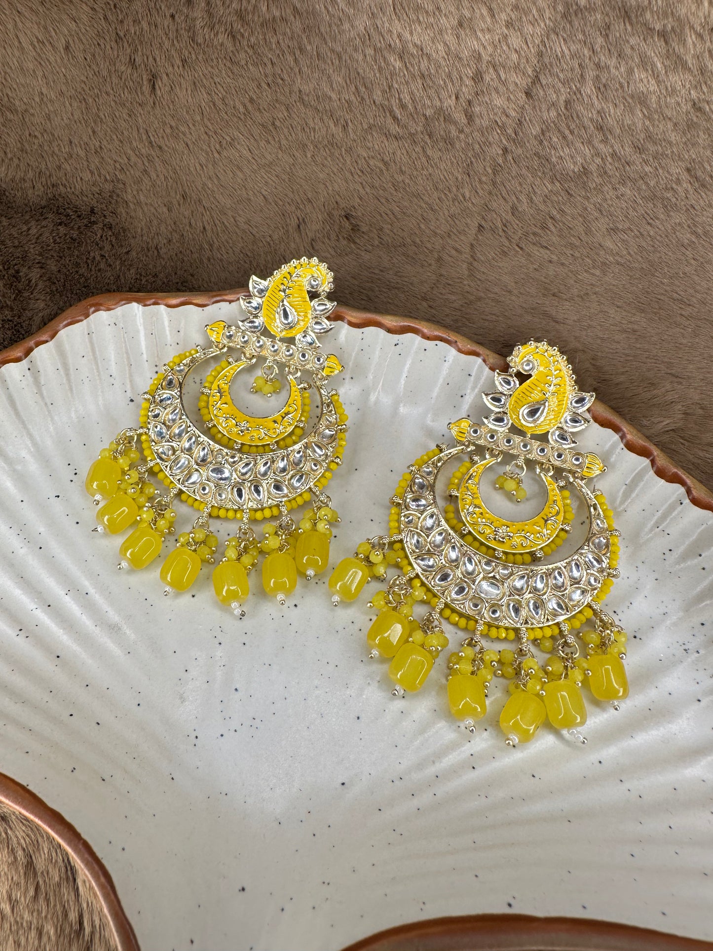 HeyBae Ethnic Earrings with Pearl, Yellow Beads & Kundan - Big Lightweight Earrings