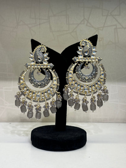 HeyBae Ethnic Chandelier Earrings with Gray Pearl Kundan - Big Earrings