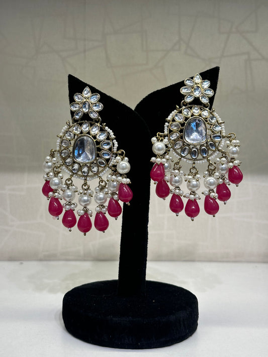 HeyBae Ethnic Earrings with Pearl, Magenta Beads & Kundan - Rose Gold Big Earrings