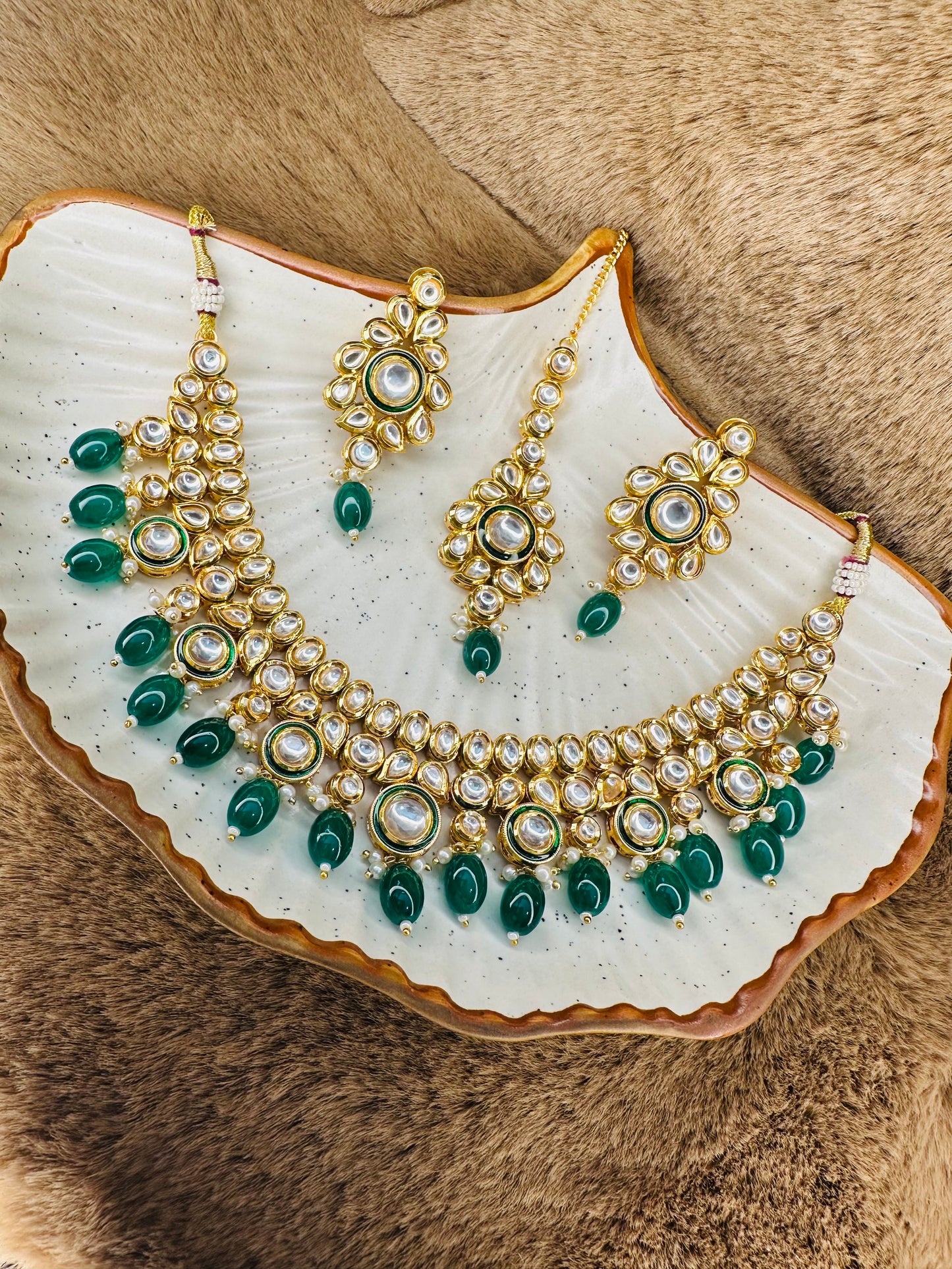 HeyBae Gold-Plated Kundan Necklace Set with Green Stones – Ethnic Jewellery for Women